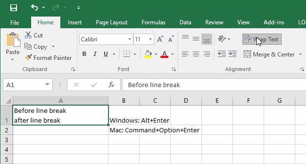 excel hard return in cell for mac